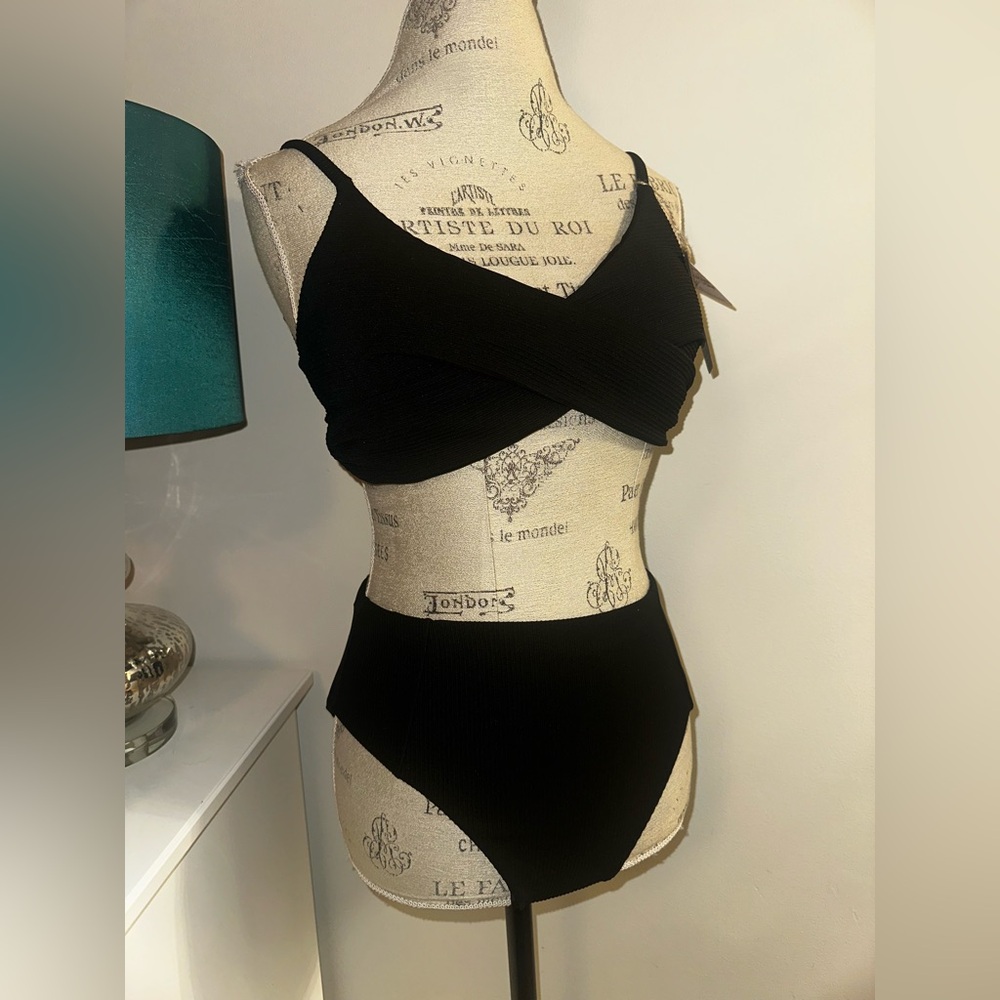 BERLOOK Black Ribbed Twist Knot Bikini Top & Full Coverage Bikini Bottom L NWT
